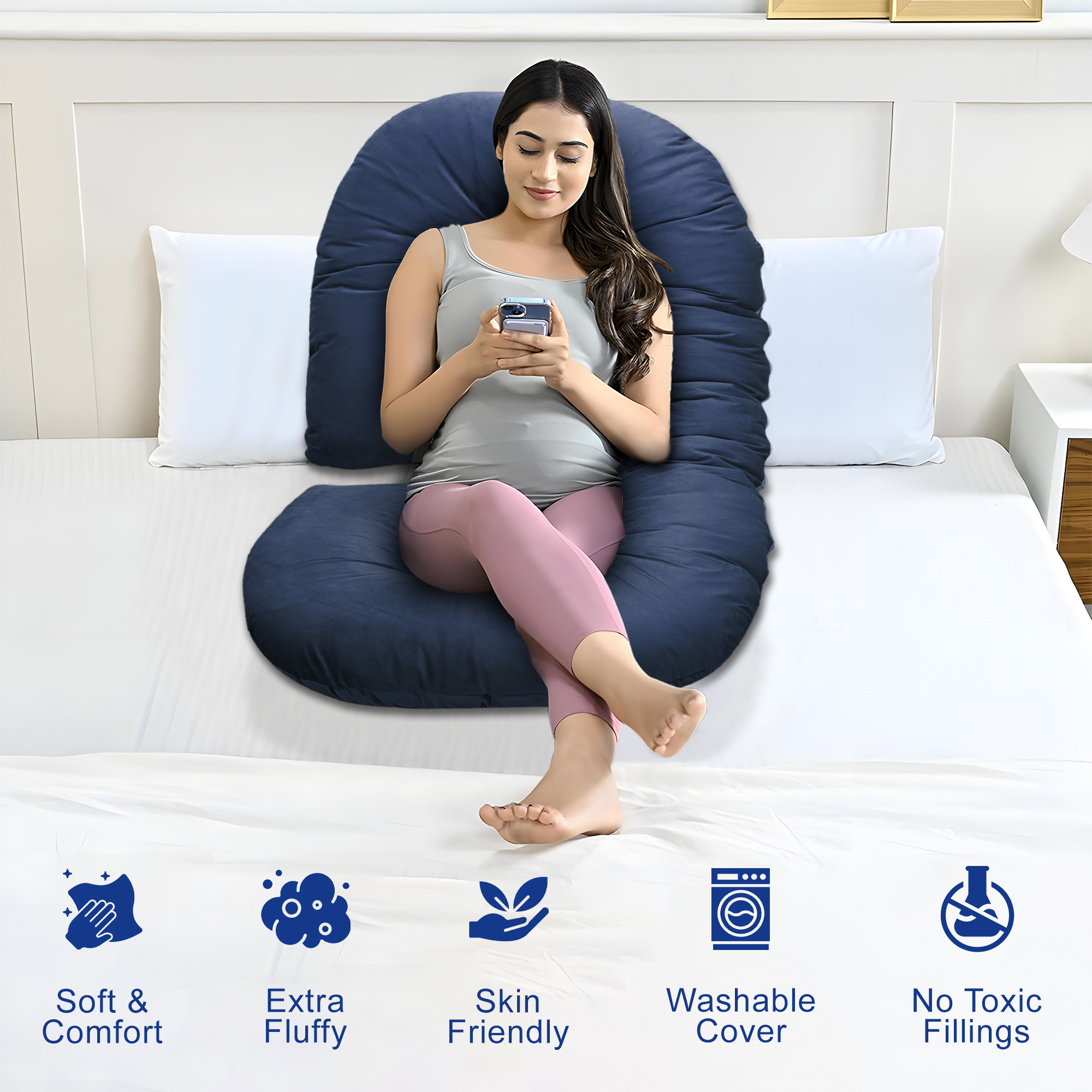 Kuber Industries Microfibre C Shaped Pregnancy Pillow for Women - Support for Back Hips Legs and Belly  Maternity Pillows for Pregnancy Sleeping  Navy Blue