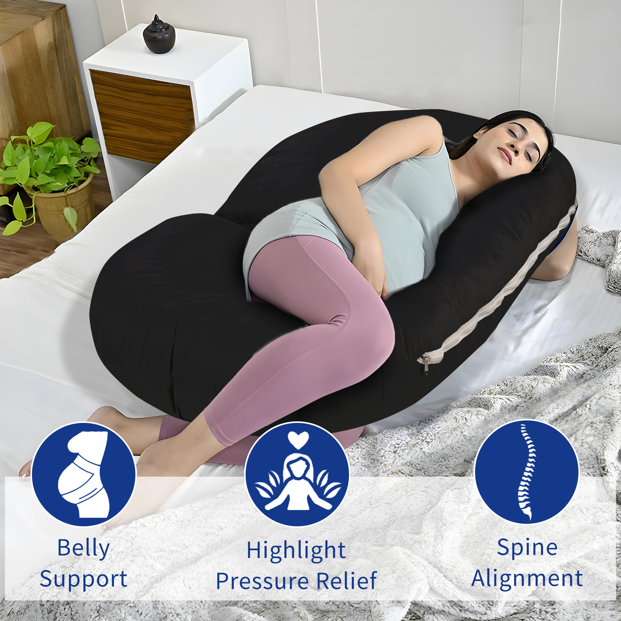 Kuber Industries Microfibre C Shaped Pregnancy Pillow for Women - Support for Back Hips Legs and Belly  Maternity Pillows for Pregnancy Sleeping  Black