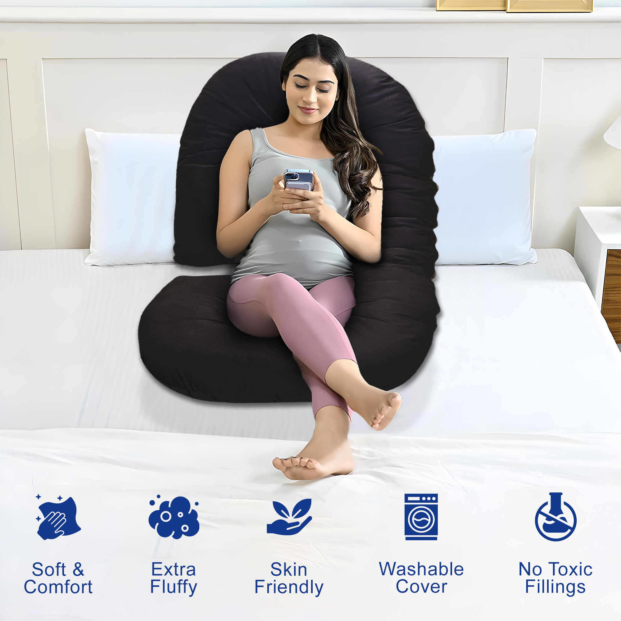 Kuber Industries Microfibre C Shaped Pregnancy Pillow for Women - Support for Back Hips Legs and Belly  Maternity Pillows for Pregnancy Sleeping  Black