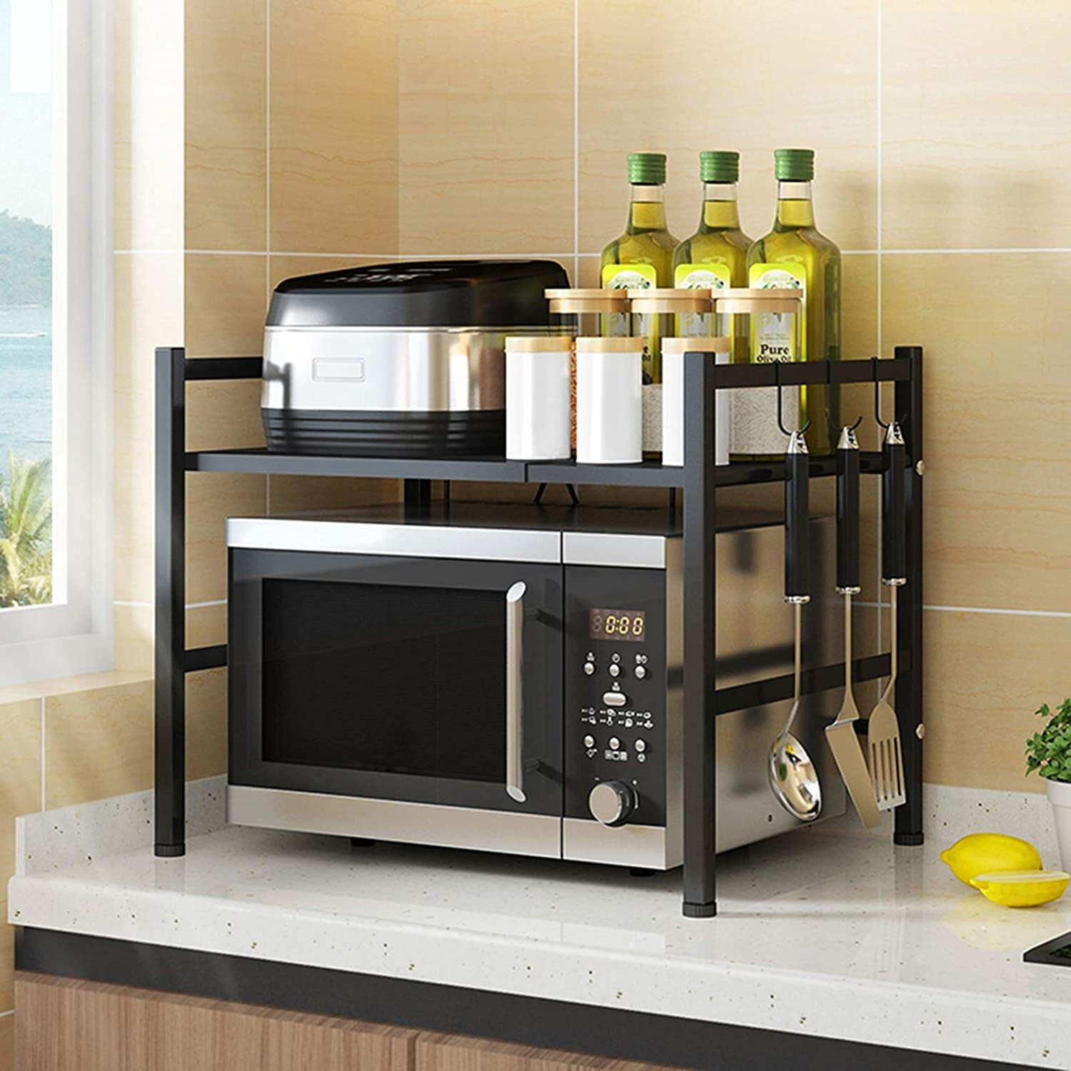 Kuber Industries Microwave Oven Rack|Telescopic Storage Rack|Microwave Shelf Stand With Hanging Hooks|Kitchen Counter Shelf Organizer (Black)
