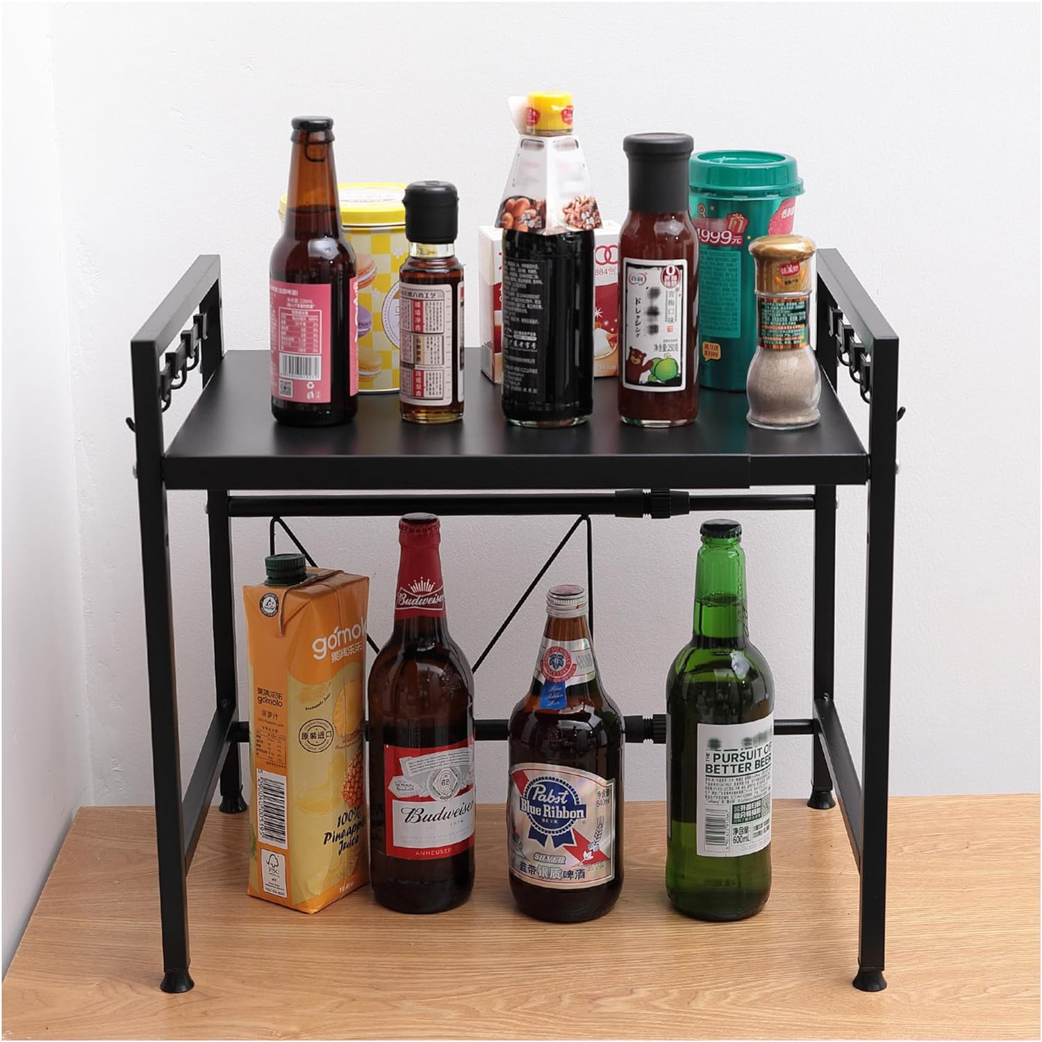 Kuber Industries Microwave Oven Rack|Telescopic Storage Rack|Microwave Shelf Stand With Hanging Hooks|Kitchen Counter Shelf Organizer (Black)