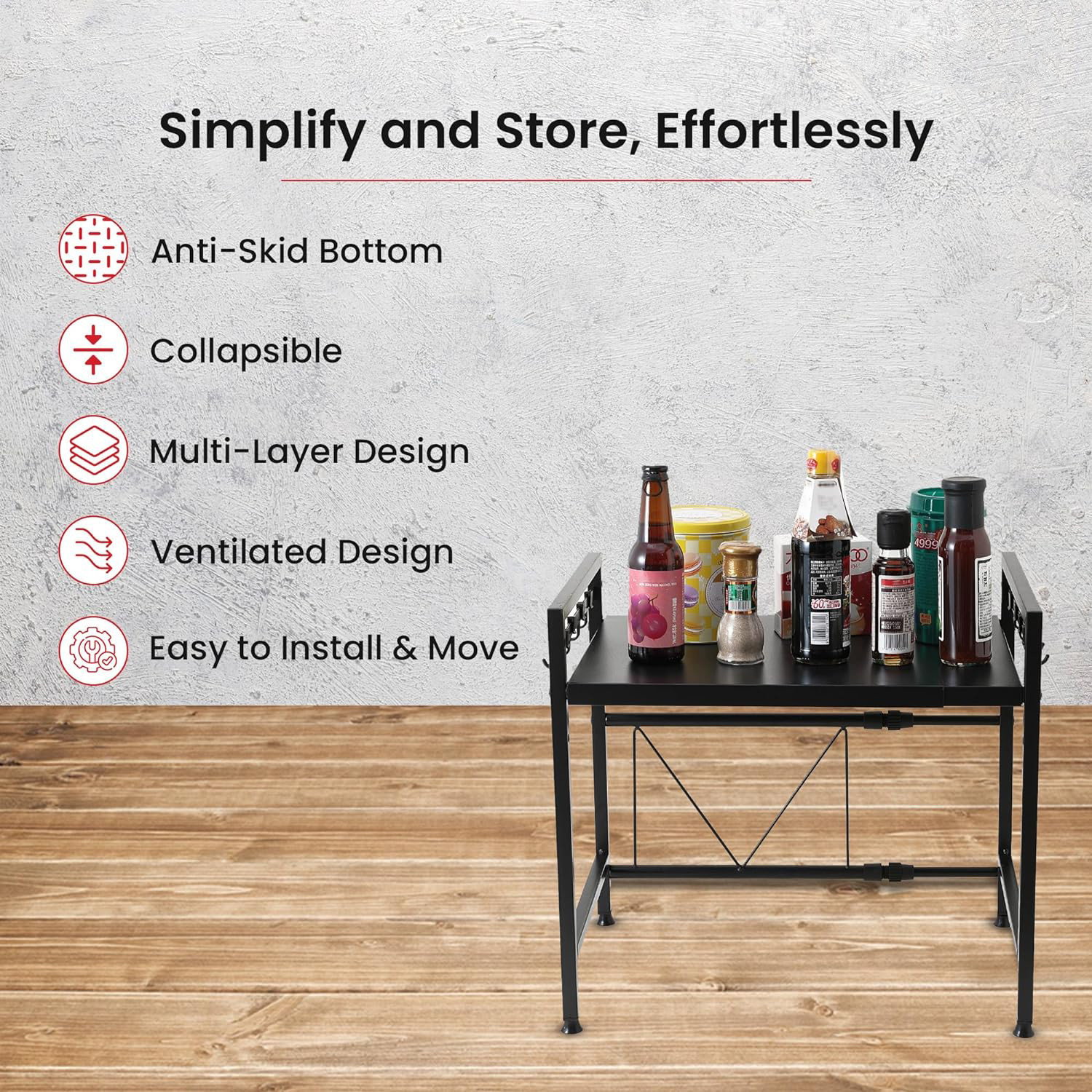 Kuber Industries Microwave Oven Rack|Telescopic Storage Rack|Microwave Shelf Stand With Hanging Hooks|Kitchen Counter Shelf Organizer (Black)