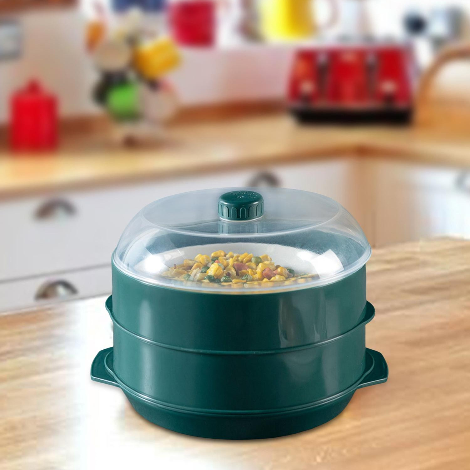 Kuber Industries Microwave Oven Steamer With Handle & Lid (1 Cover +2 Box +1 Base) | Green