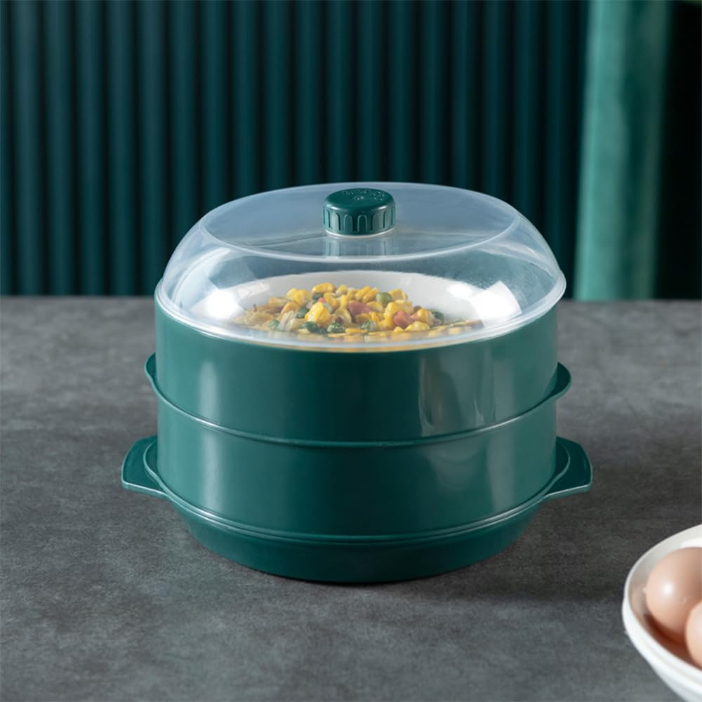Kuber Industries Microwave Oven Steamer With Handle & Lid (1 Cover +2 Box +1 Base) | Green