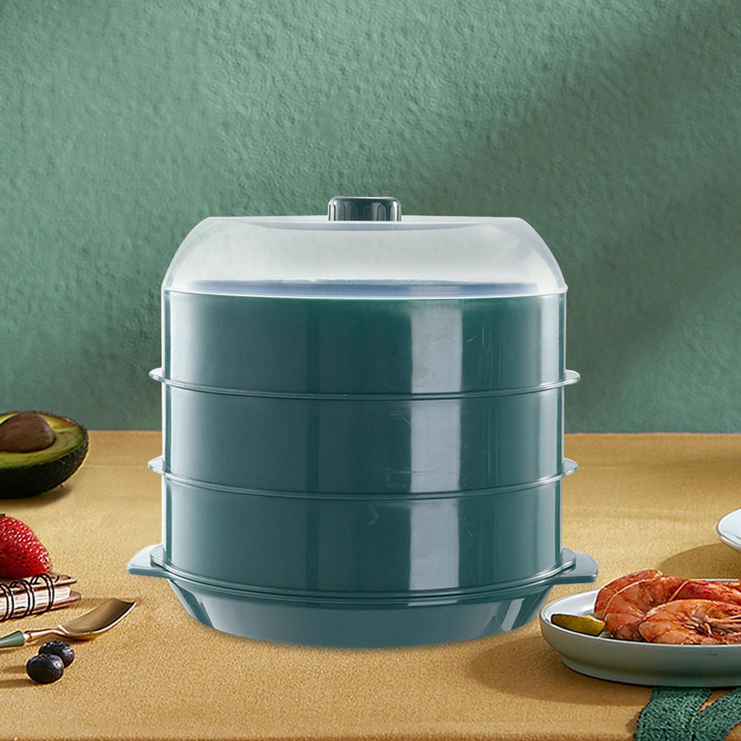 Kuber Industries Microwave Oven Steamer With Handle & Lid (1 Cover +3 Box +1 Base) | Green
