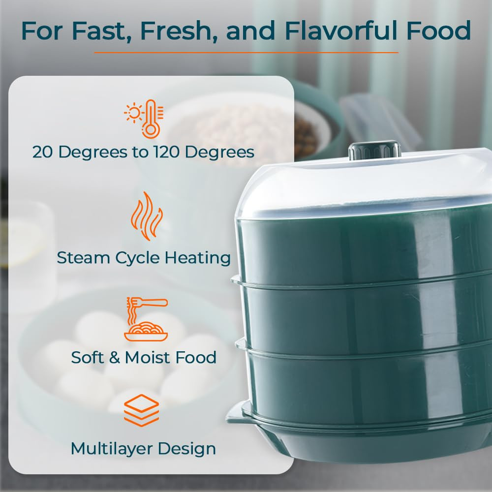 Kuber Industries Microwave Oven Steamer With Handle & Lid (1 Cover +3 Box +1 Base) | Green