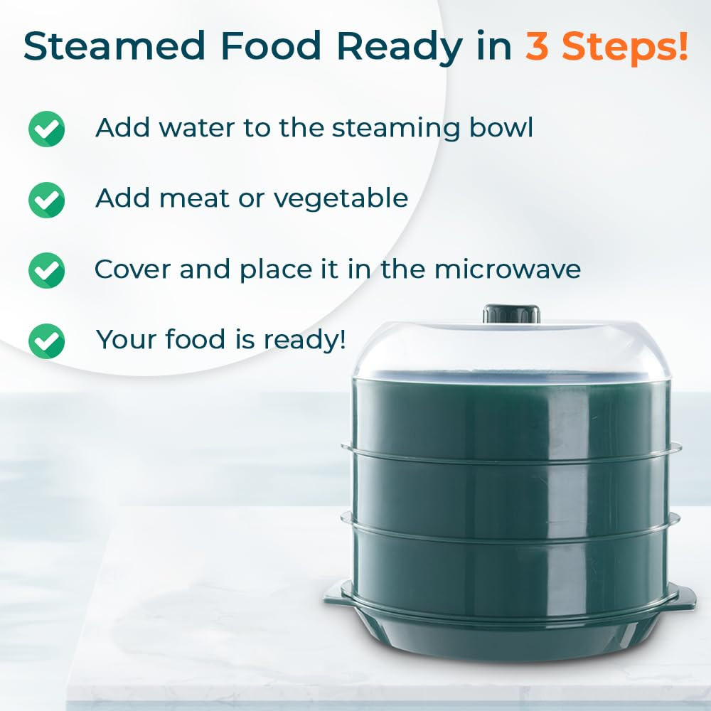 Kuber Industries Microwave Oven Steamer With Handle & Lid (1 Cover +3 Box +1 Base) | Green