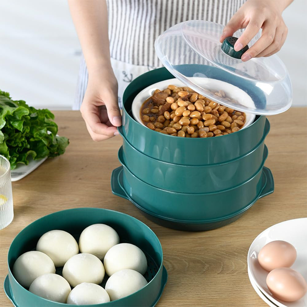 Kuber Industries Microwave Oven Steamer With Handle & Lid (1 Cover +3 Box +1 Base) | Green