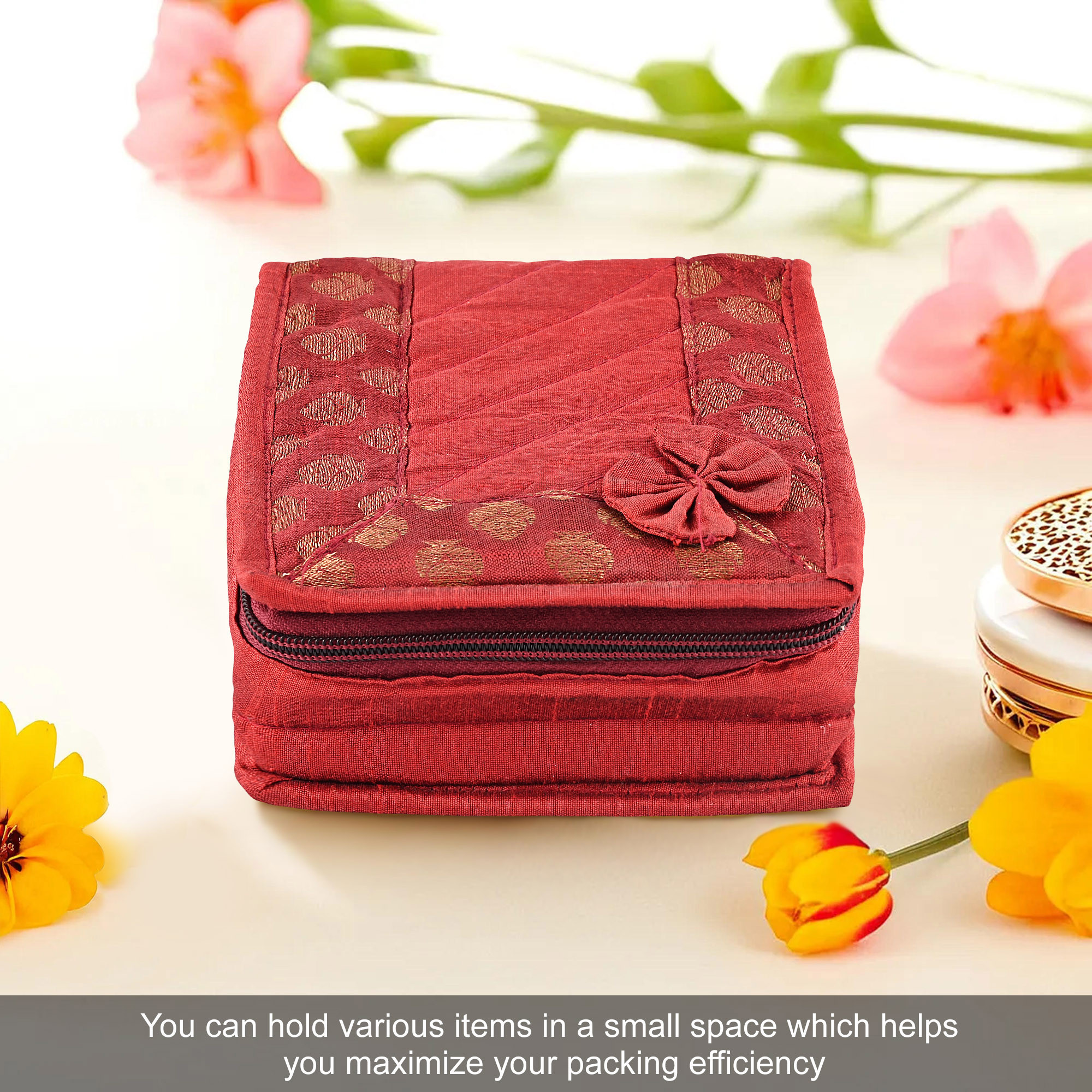 Kuber Industries Mini Jewellery Organisers Pouch for Women  5 Pouches Inside  Bangles Earrings  Chain Storage Box  Bow Design -Maroon
