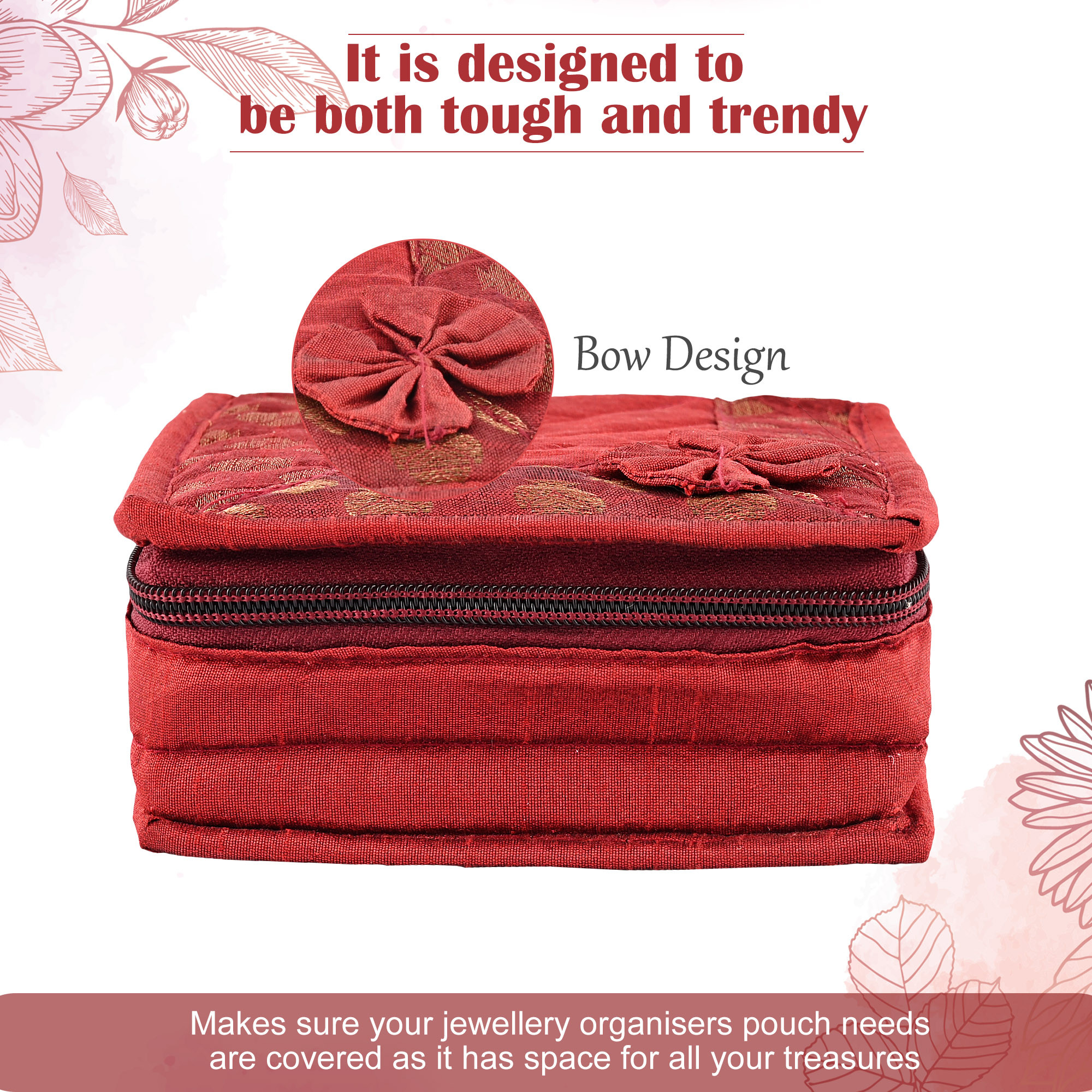 Kuber Industries Mini Jewellery Organisers Pouch for Women  5 Pouches Inside  Bangles Earrings  Chain Storage Box  Bow Design -Maroon