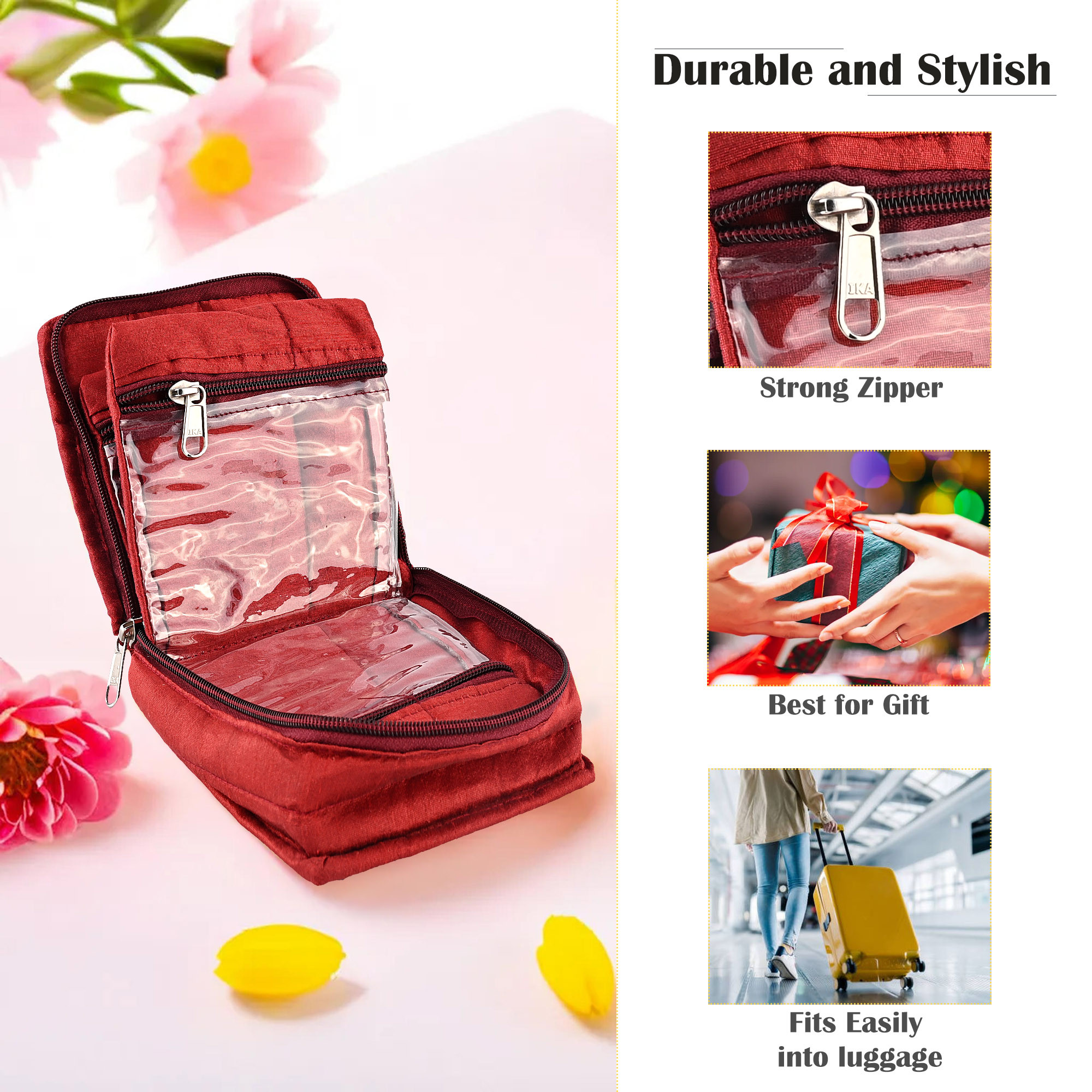 Kuber Industries Mini Jewellery Organisers Pouch for Women  5 Pouches Inside  Bangles Earrings  Chain Storage Box  Bow Design -Maroon