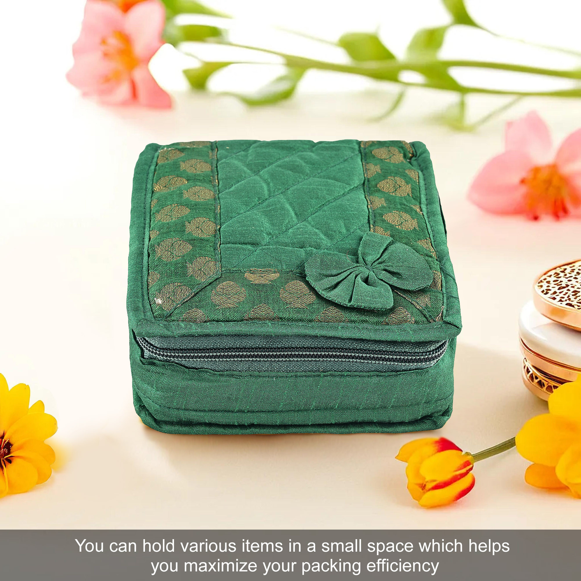 Kuber Industries Mini Jewellery Organisers Pouch for Women  5 Pouches Inside  Bangles Earrings  Chain Storage Box  Bow Design -Green