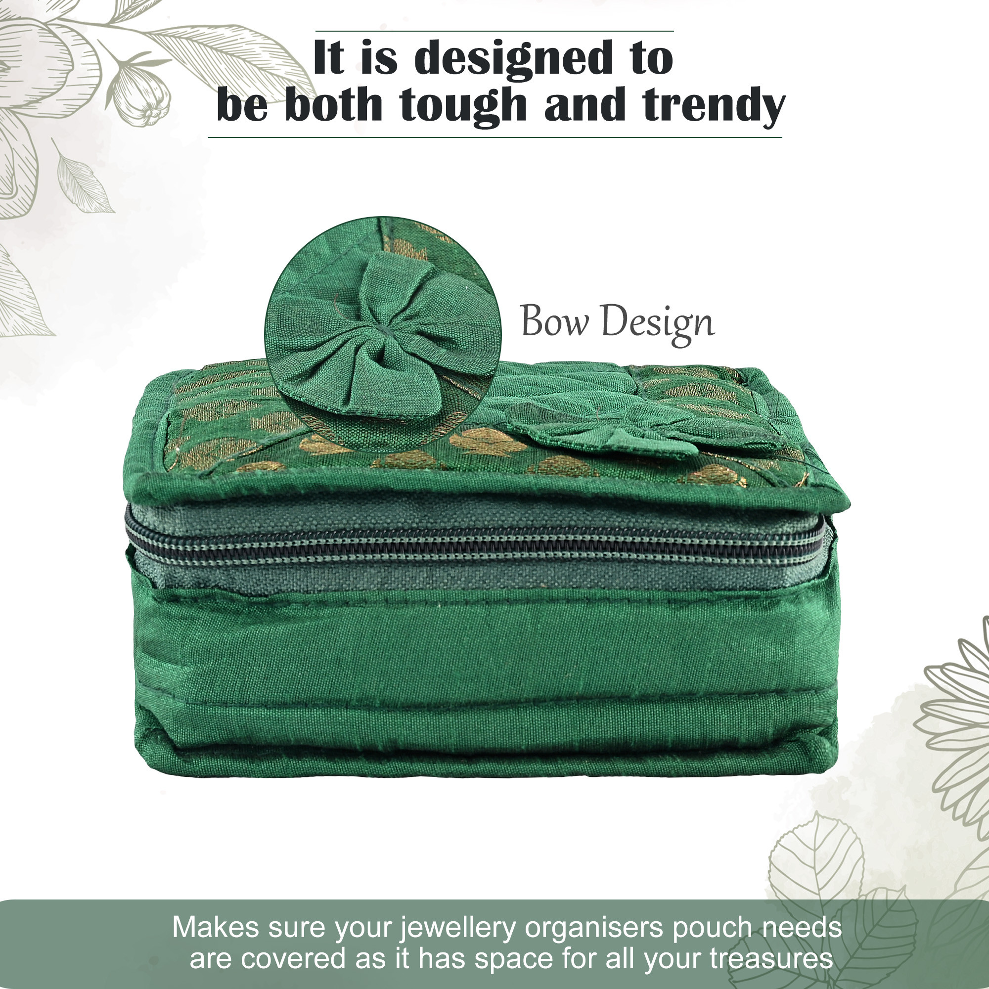 Kuber Industries Mini Jewellery Organisers Pouch for Women  5 Pouches Inside  Bangles Earrings  Chain Storage Box  Bow Design -Green