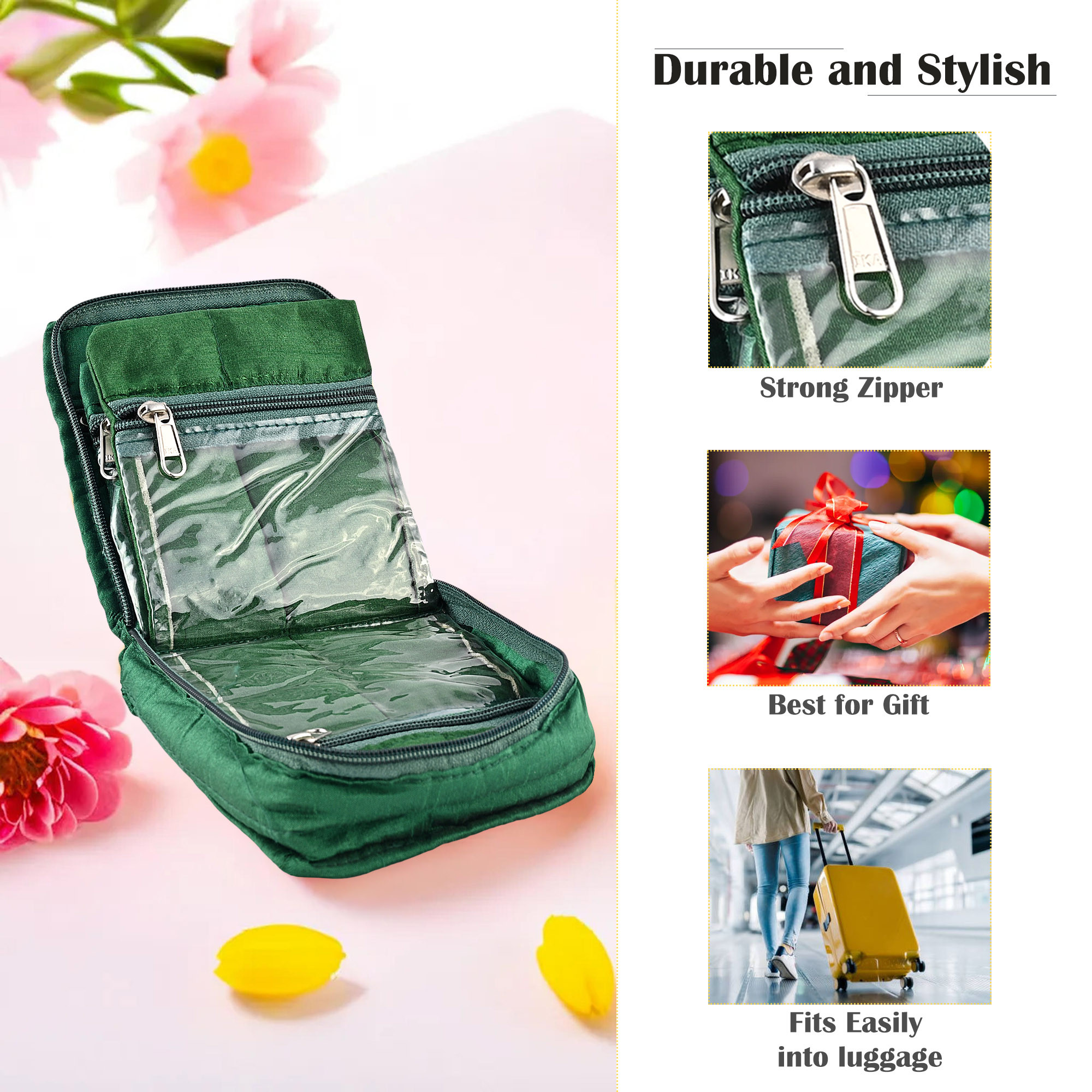 Kuber Industries Mini Jewellery Organisers Pouch for Women  5 Pouches Inside  Bangles Earrings  Chain Storage Box  Bow Design -Green