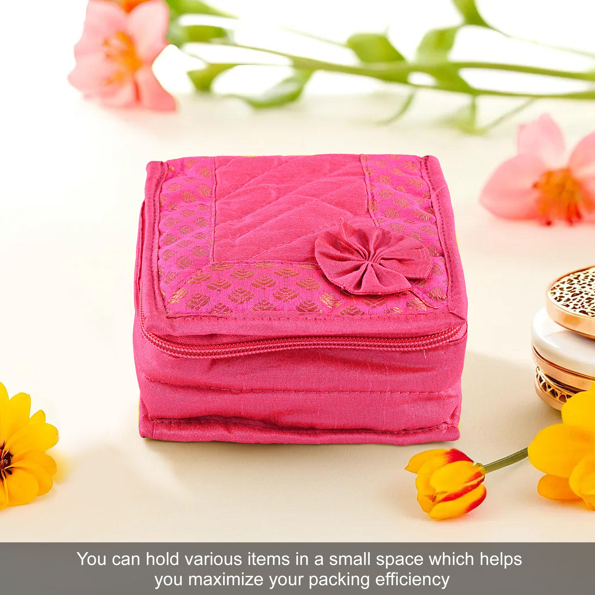 Kuber Industries Mini Jewellery Organisers Pouch for Women  5 Pouches Inside  Bangles Earrings  Chain Storage Box  Bow Design -Pink