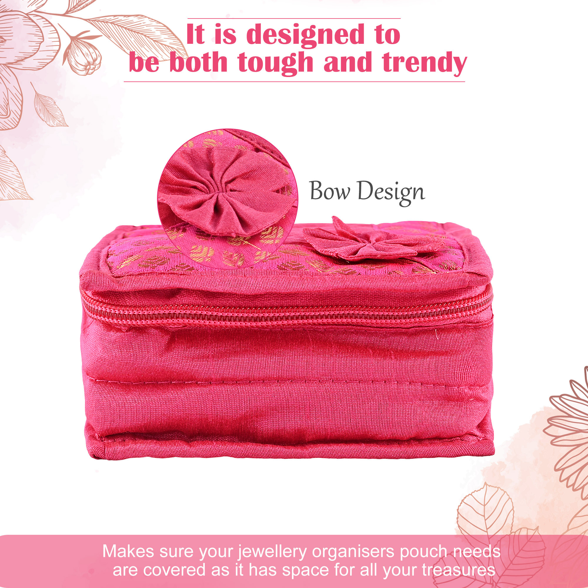 Kuber Industries Mini Jewellery Organisers Pouch for Women  5 Pouches Inside  Bangles Earrings  Chain Storage Box  Bow Design -Pink