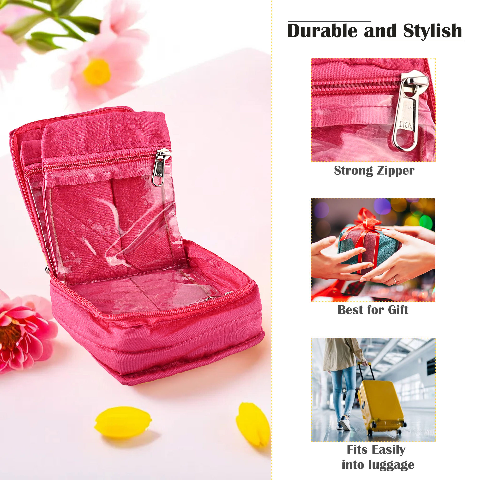 Kuber Industries Mini Jewellery Organisers Pouch for Women  5 Pouches Inside  Bangles Earrings  Chain Storage Box  Bow Design -Pink