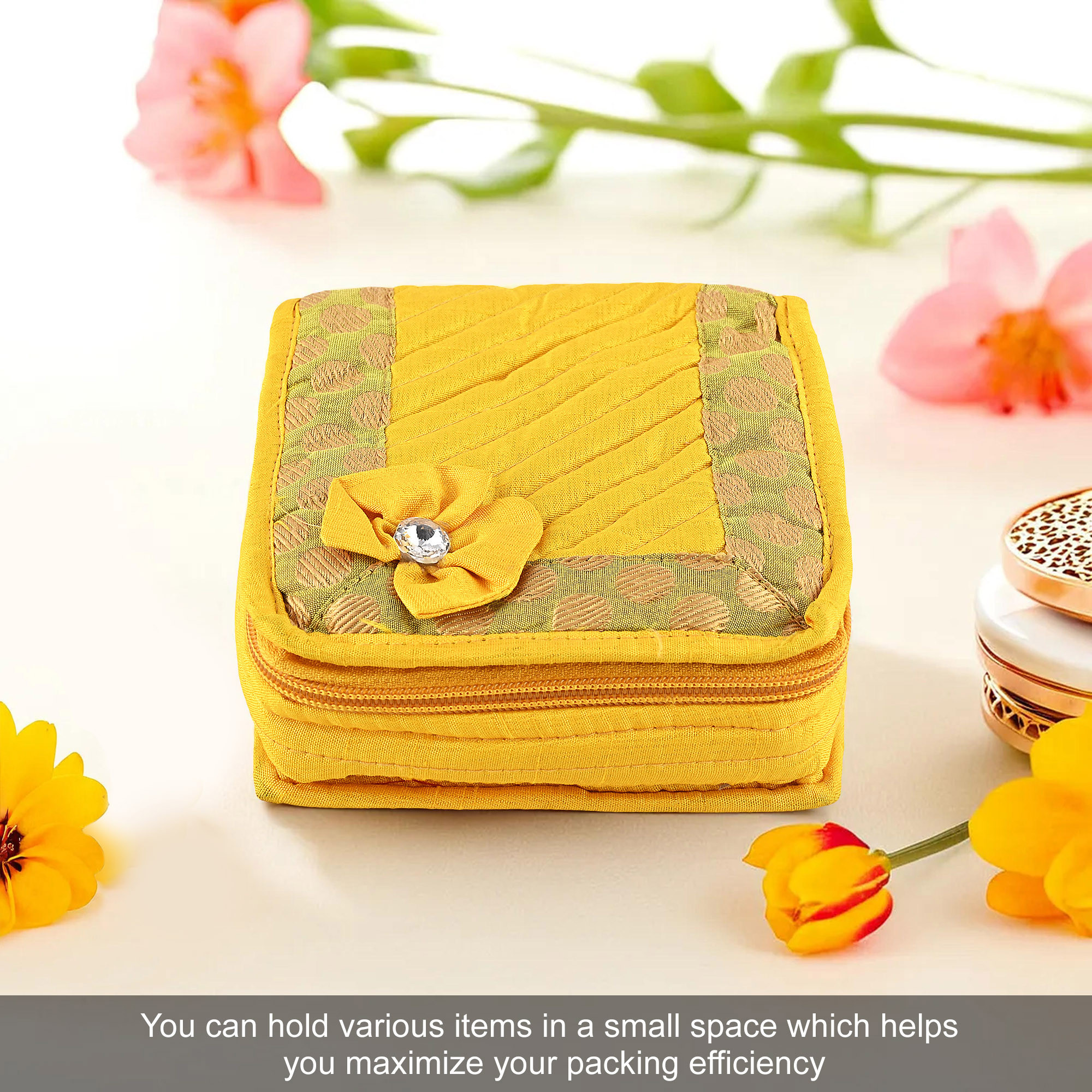 Kuber Industries Mini Jewellery Organisers Pouch for Women  5 Pouches Inside  Bangles Earrings  Chain Storage Box  Bow Design -Yellow