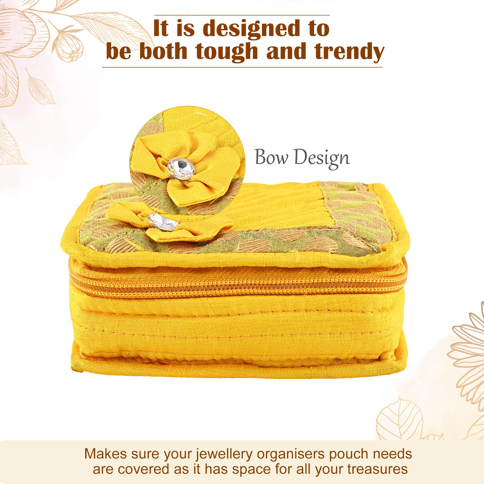 Kuber Industries Mini Jewellery Organisers Pouch for Women  5 Pouches Inside  Bangles Earrings  Chain Storage Box  Bow Design -Yellow