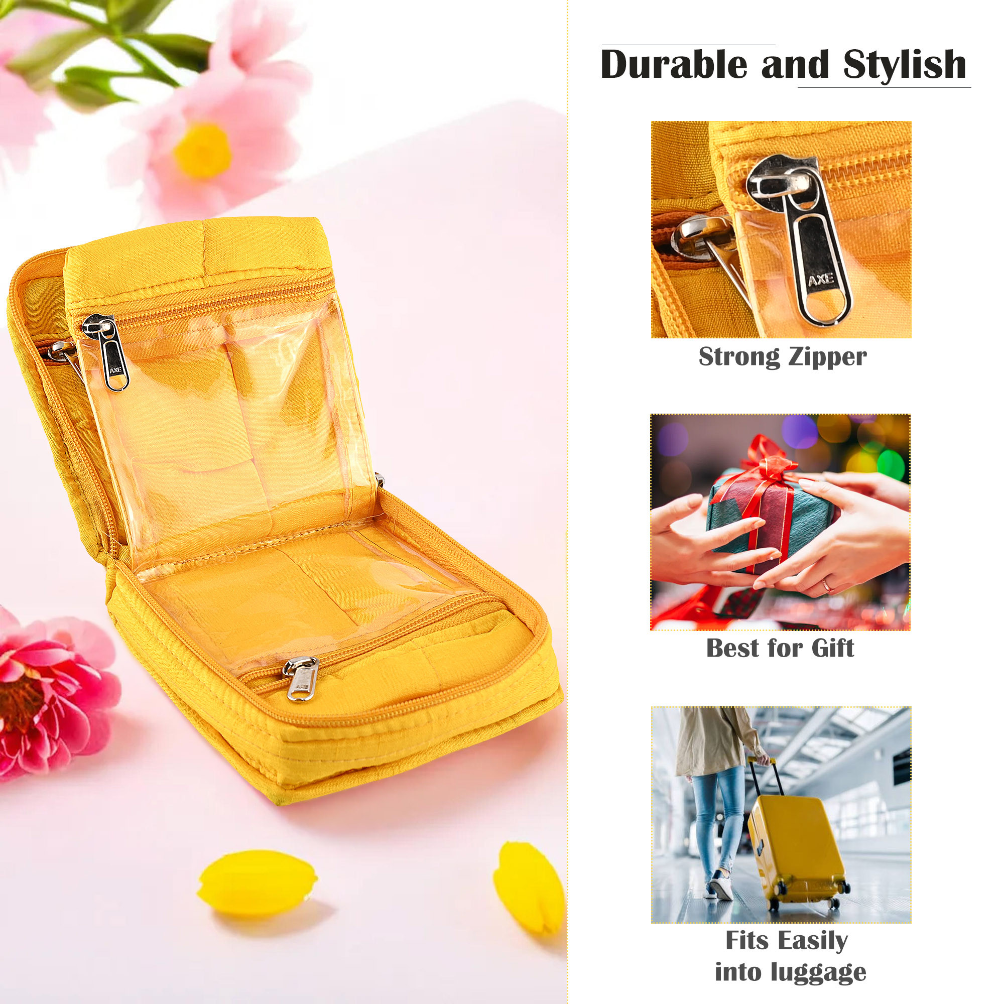 Kuber Industries Mini Jewellery Organisers Pouch for Women  5 Pouches Inside  Bangles Earrings  Chain Storage Box  Bow Design -Yellow