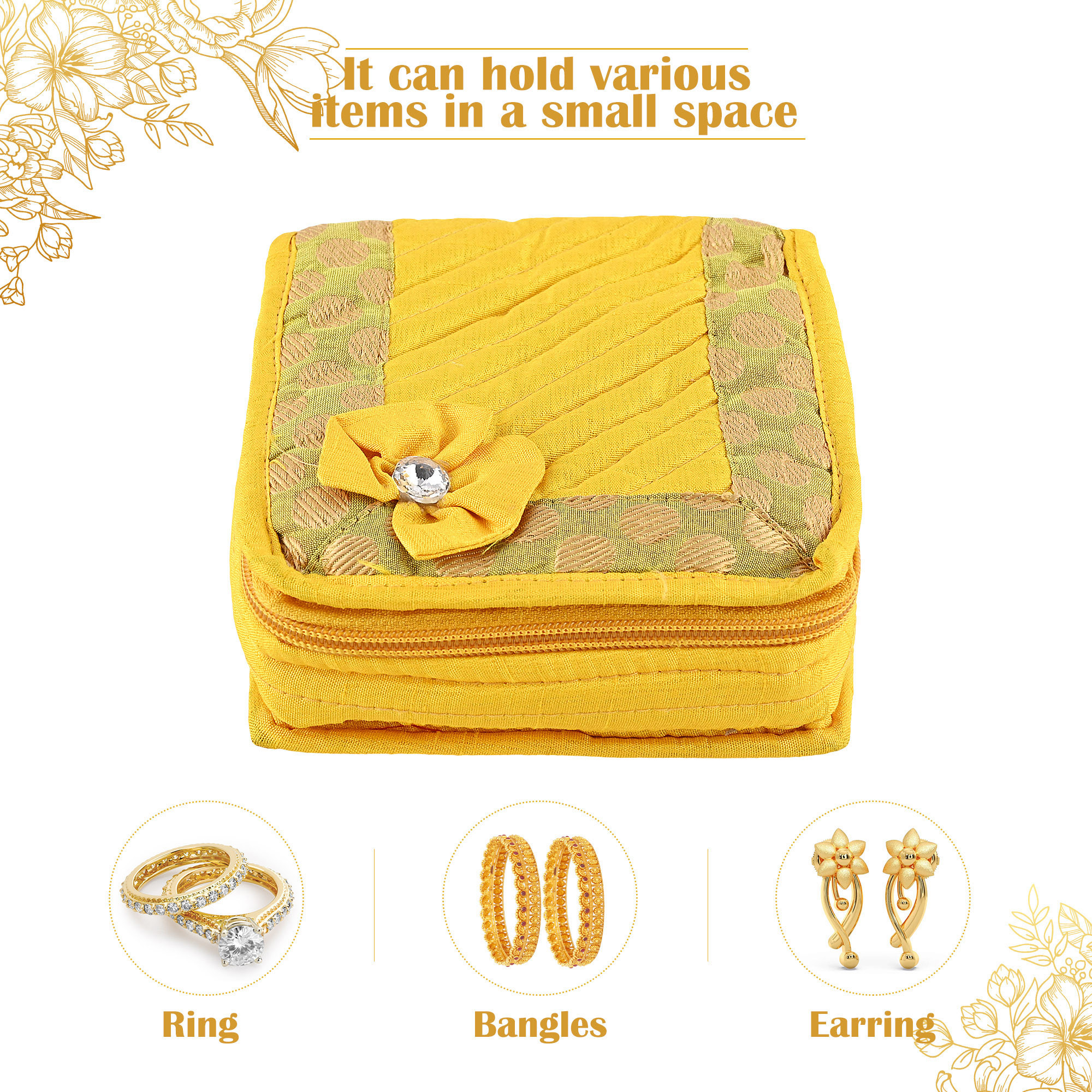 Kuber Industries Mini Jewellery Organisers Pouch for Women  5 Pouches Inside  Bangles Earrings  Chain Storage Box  Bow Design -Yellow