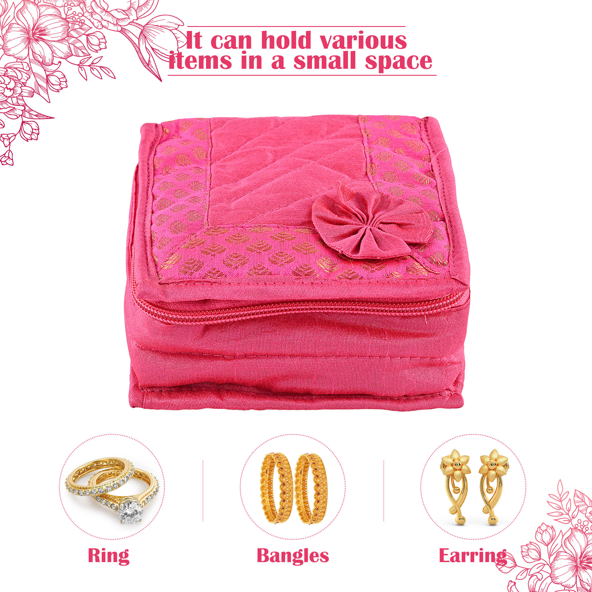 Kuber Industries Mini Jewellery Organisers Pouch for Women  5 Pouches Inside  Bangles Earrings  Chain Storage Box  Bow Design -Pink