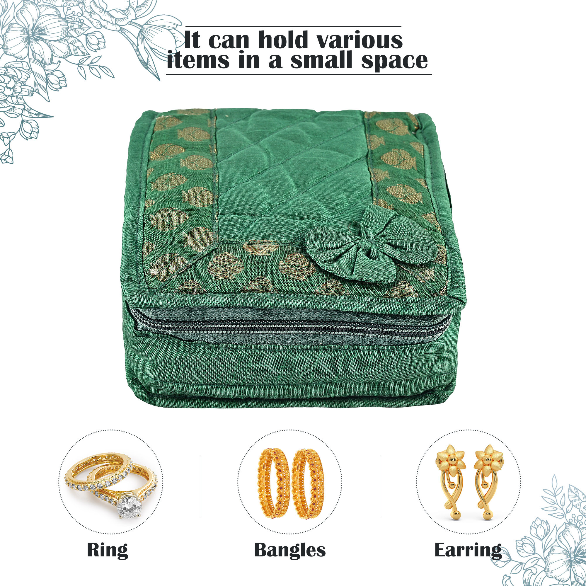 Kuber Industries Mini Jewellery Organisers Pouch for Women  5 Pouches Inside  Bangles Earrings  Chain Storage Box  Bow Design -Green