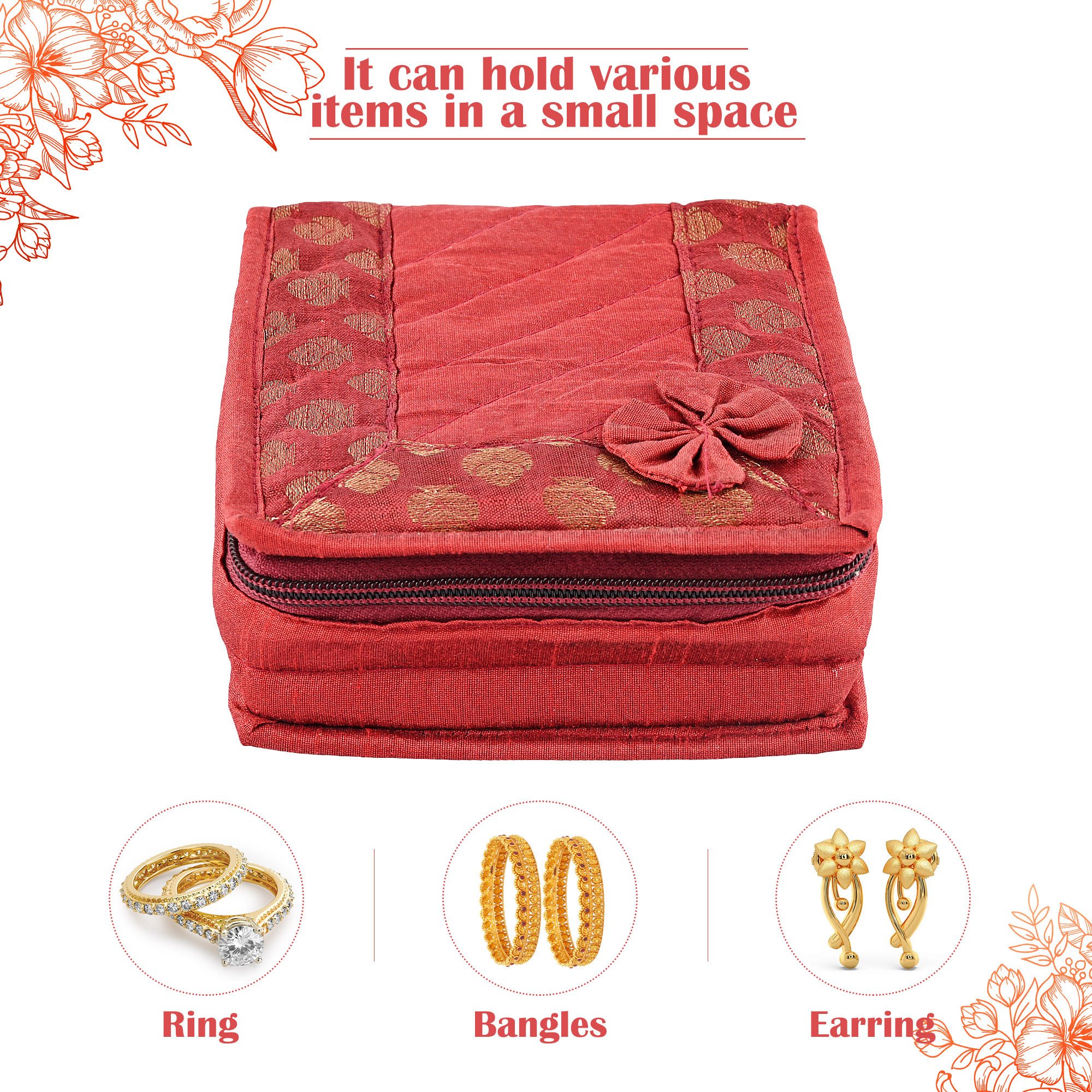 Kuber Industries Mini Jewellery Organisers Pouch for Women  5 Pouches Inside  Bangles Earrings  Chain Storage Box  Bow Design -Maroon