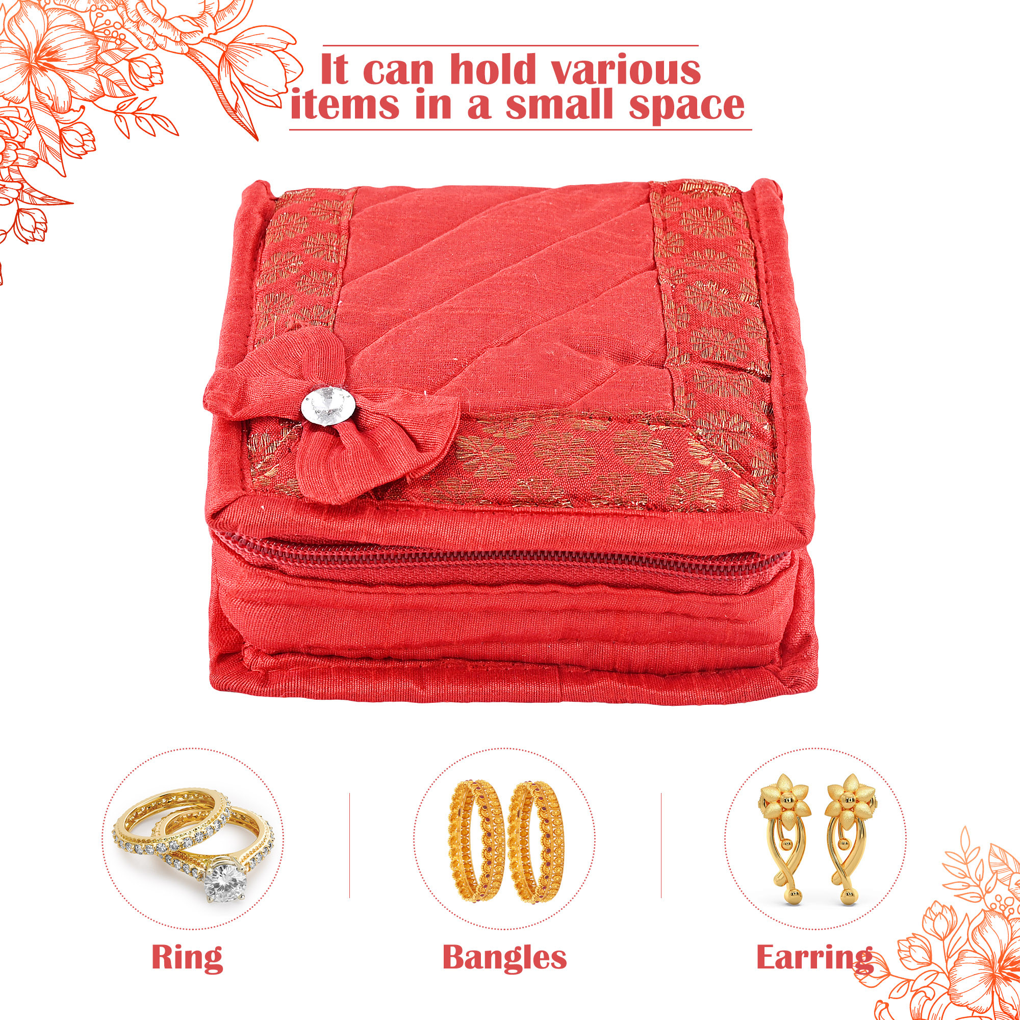 Kuber Industries Mini Jewellery Organisers Pouch for Women  5 Pouches Inside  Bangles Earrings  Chain Storage Box  Bow Design -Red