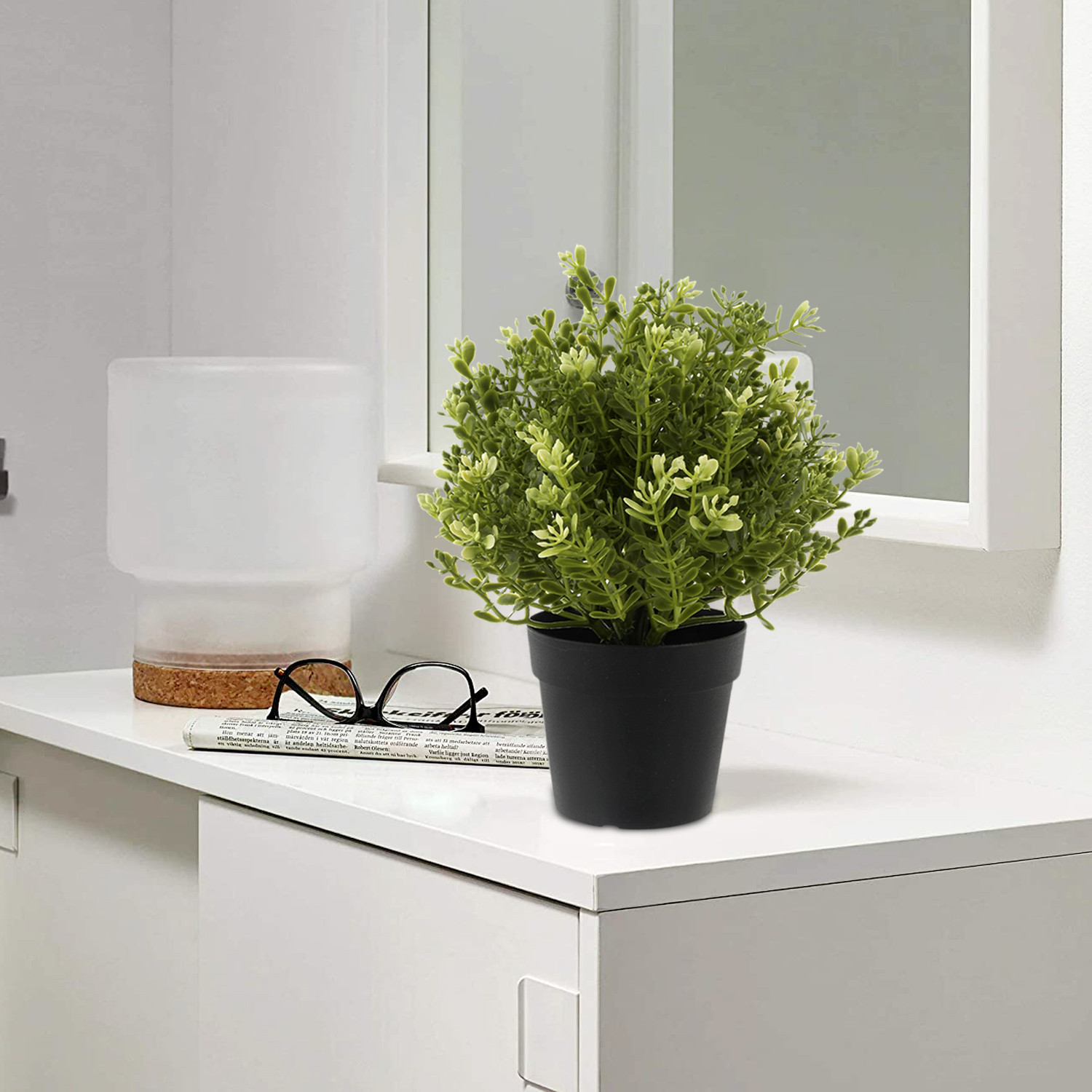 Kuber Industries Mini Plastic Potted Plants for Home Office Decoration, Plastic Plant with Black Plastic Pots, Fake Plant for Bathroom Décor, Green-33_S_KUBQMART11596
