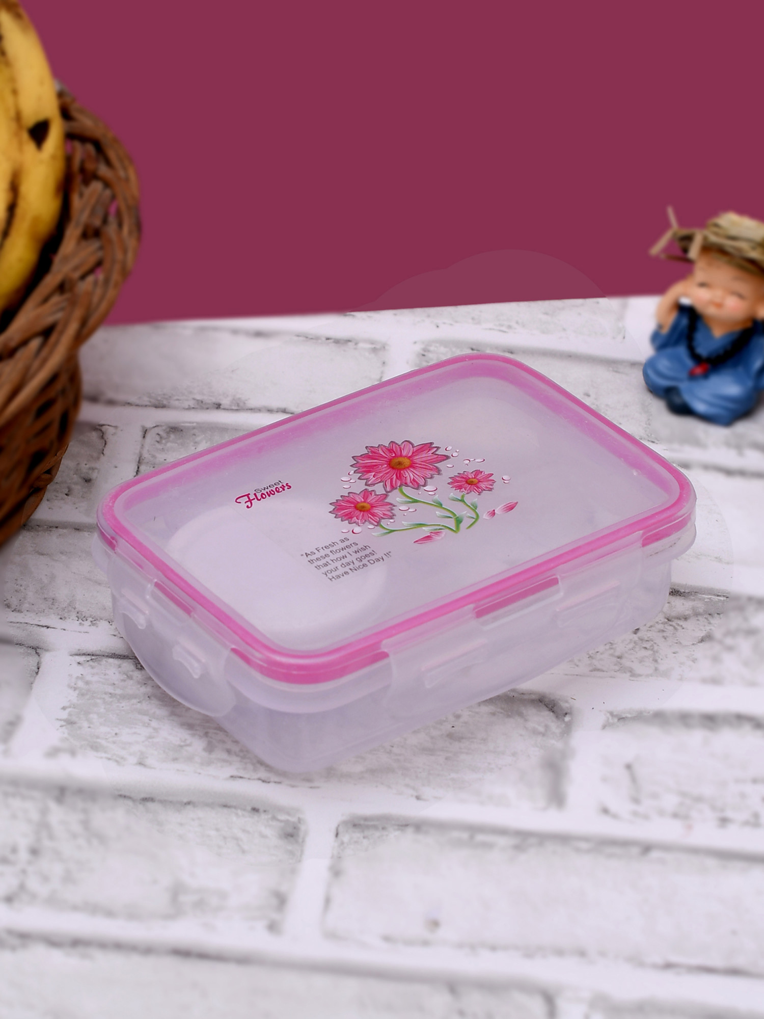 Kuber Industries Model-301 Unbreakable Plastic Small Airtight Leakproof Transparent Lunch Box/Tiffin (Pink) Suitable For Nursery to 1st class-KUBMART1296