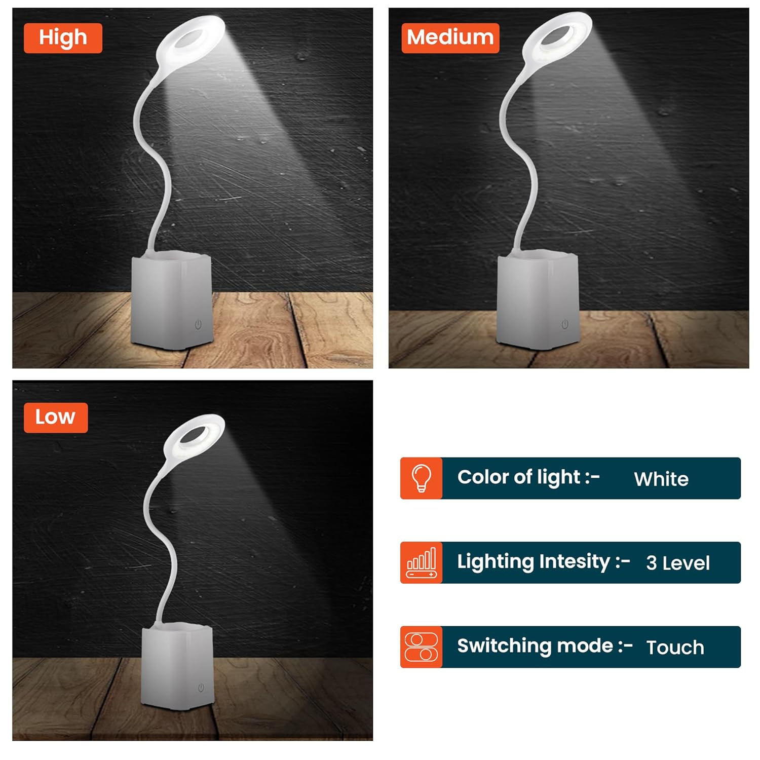 Kuber Industries Monochrome White Pencil Holder Lamp |Rechargeable Table Light with USB|Battery Capacity 1200mAh (White)
