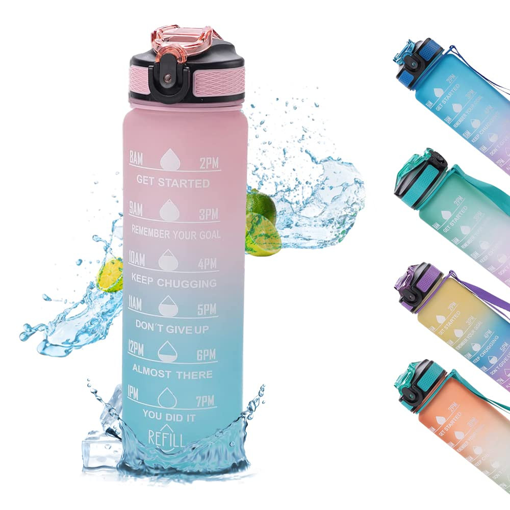 Kuber Industries Motivational Water Bottle with Time Marker | Sipper Water Bottle for Kids & Adults with Straw | For Gym, Home, Office & School | Pink Blue -1 L