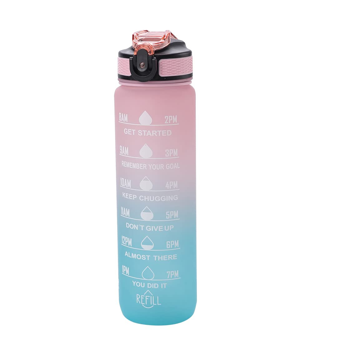 Kuber Industries Motivational Water Bottle with Time Marker | Sipper Water Bottle for Kids & Adults with Straw | For Gym, Home, Office & School | Pink Blue -1 L