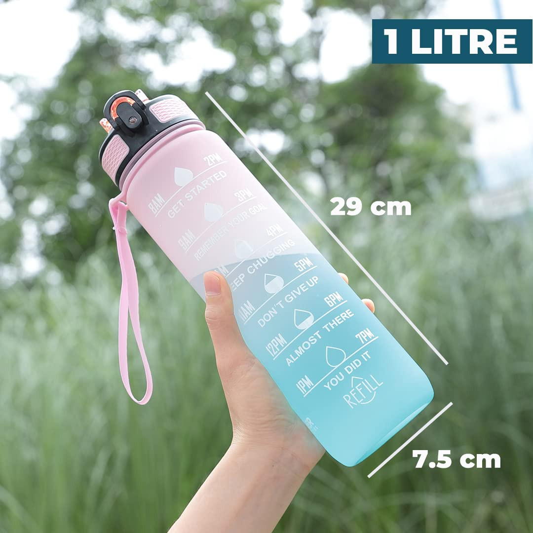 Kuber Industries Motivational Water Bottle with Time Marker | Sipper Water Bottle for Kids & Adults with Straw | For Gym, Home, Office & School | Pink Blue -1 L