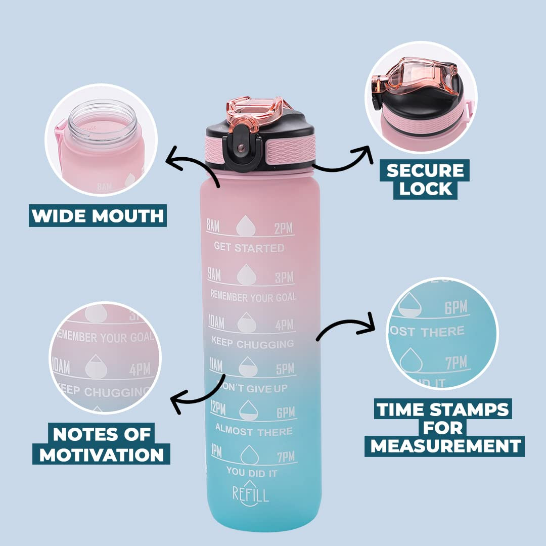 Kuber Industries Motivational Water Bottle with Time Marker | Sipper Water Bottle for Kids & Adults with Straw | For Gym, Home, Office & School | Pink Blue -1 L