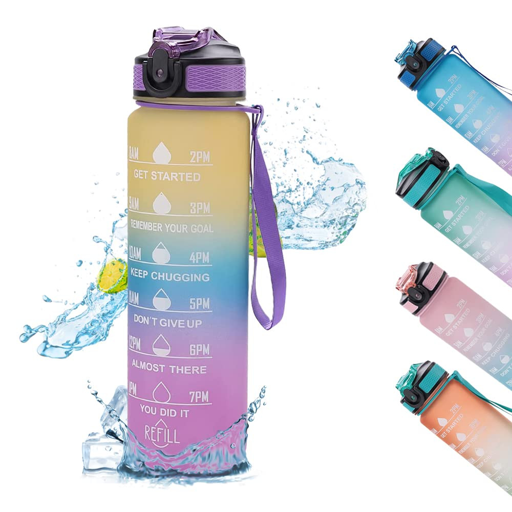 Kuber Industries Motivational Water Bottle with Time Marker | Sipper Water Bottle for Kids & Adults with Straw | For Gym, Home, Office & School | Yellow Purple -1 L