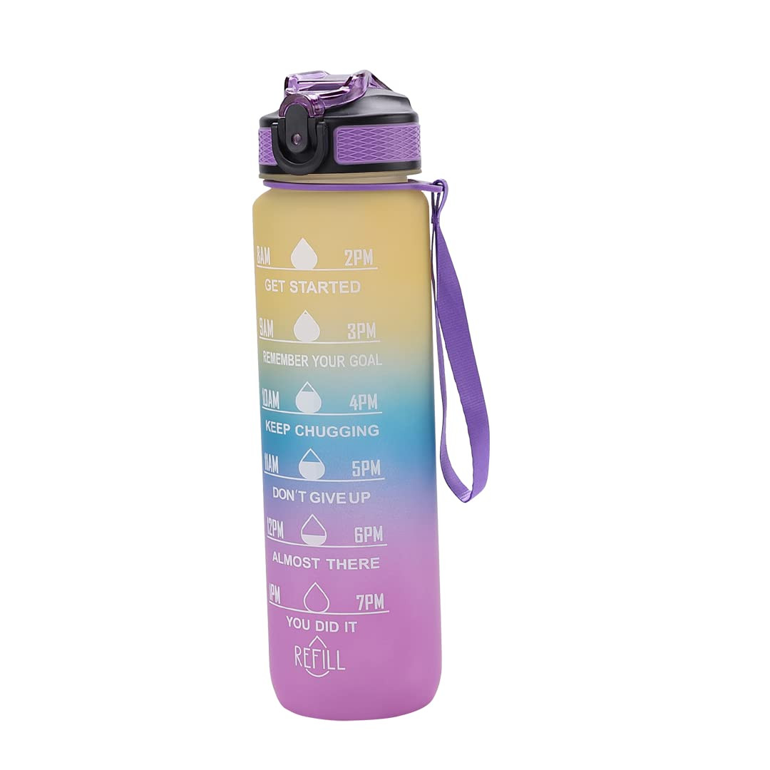 Kuber Industries Motivational Water Bottle with Time Marker | Sipper Water Bottle for Kids & Adults with Straw | For Gym, Home, Office & School | Yellow Purple -1 L