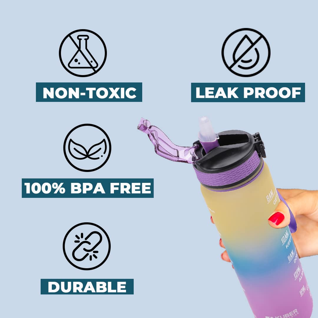 Kuber Industries Motivational Water Bottle with Time Marker | Sipper Water Bottle for Kids & Adults with Straw | For Gym, Home, Office & School | Yellow Purple -1 L