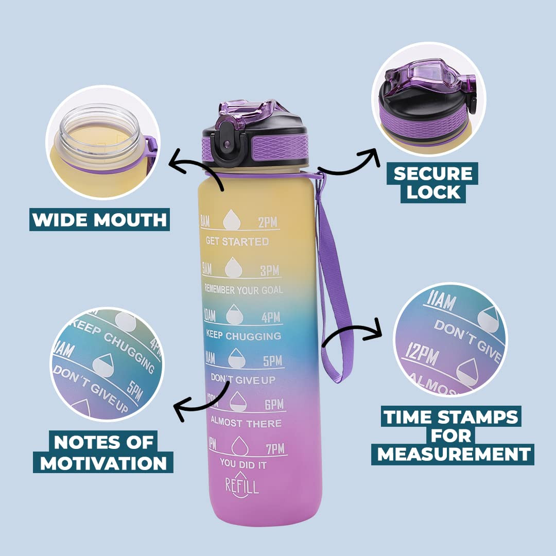 Kuber Industries Motivational Water Bottle with Time Marker | Sipper Water Bottle for Kids & Adults with Straw | For Gym, Home, Office & School | Yellow Purple -1 L