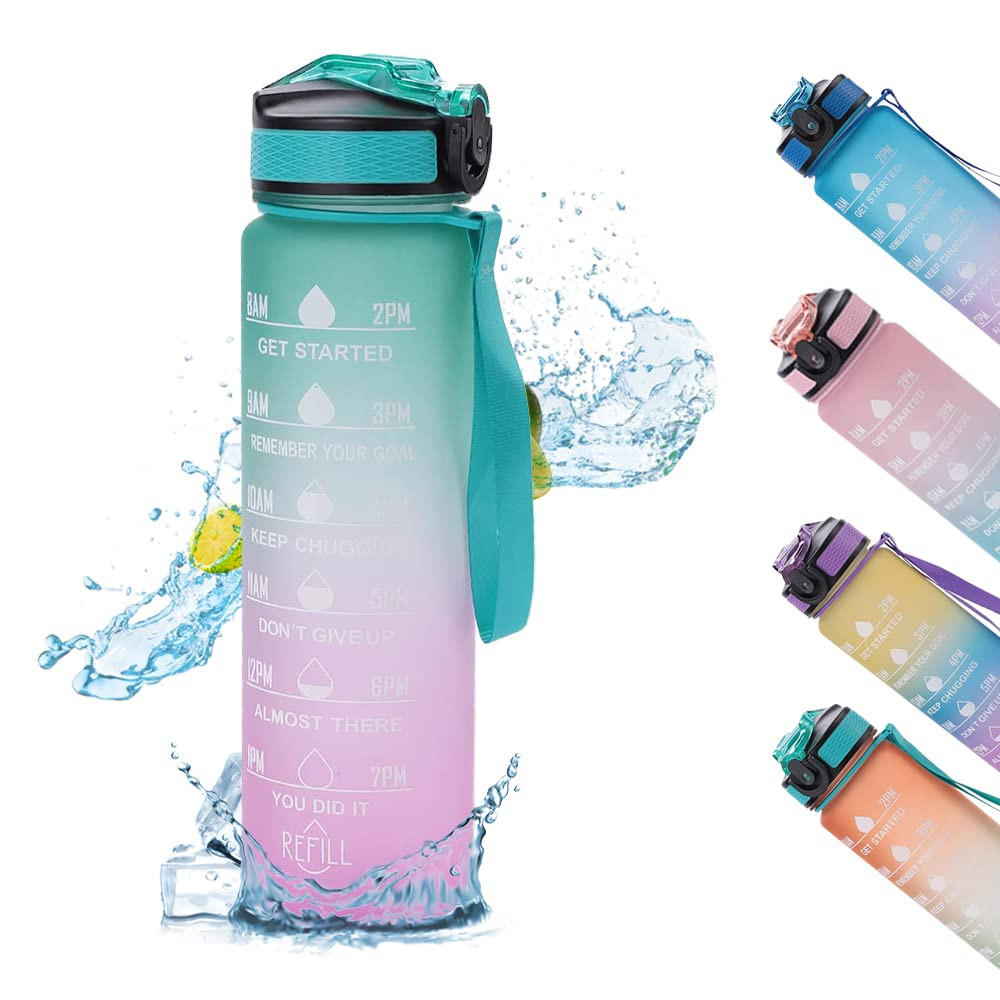 Kuber Industries Motivational Water Bottle with Time Marker | Sipper Water Bottle for Kids & Adults with Straw | For Gym, Home, Office & School | Green Purple -1 L