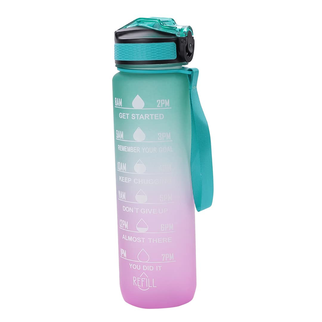 Kuber Industries Motivational Water Bottle with Time Marker | Sipper Water Bottle for Kids & Adults with Straw | For Gym, Home, Office & School | Green Purple -1 L