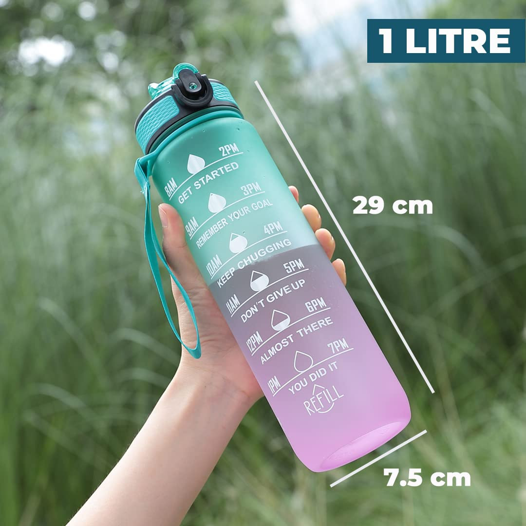 Kuber Industries Motivational Water Bottle with Time Marker | Sipper Water Bottle for Kids & Adults with Straw | For Gym, Home, Office & School | Green Purple -1 L