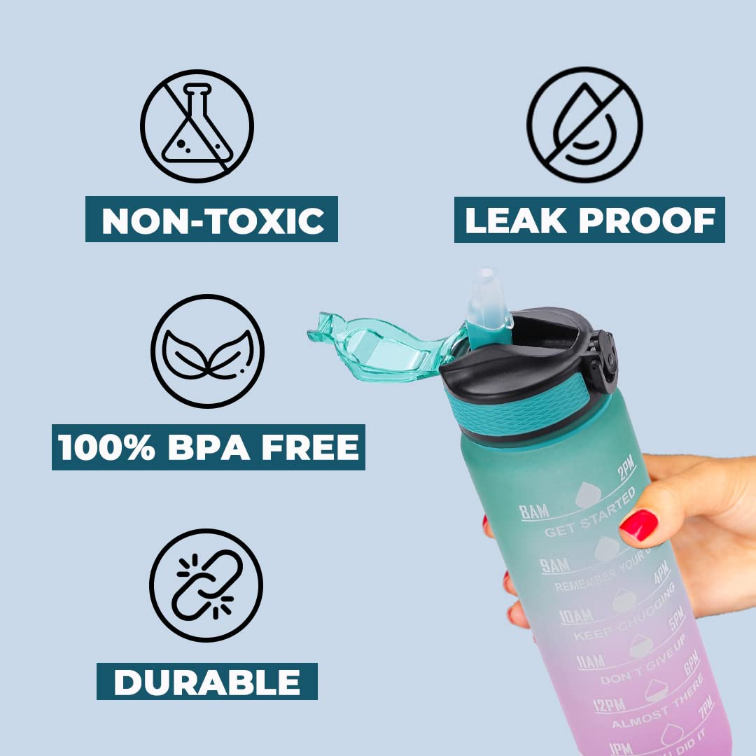 Kuber Industries Motivational Water Bottle with Time Marker | Sipper Water Bottle for Kids & Adults with Straw | For Gym, Home, Office & School | Green Purple -1 L