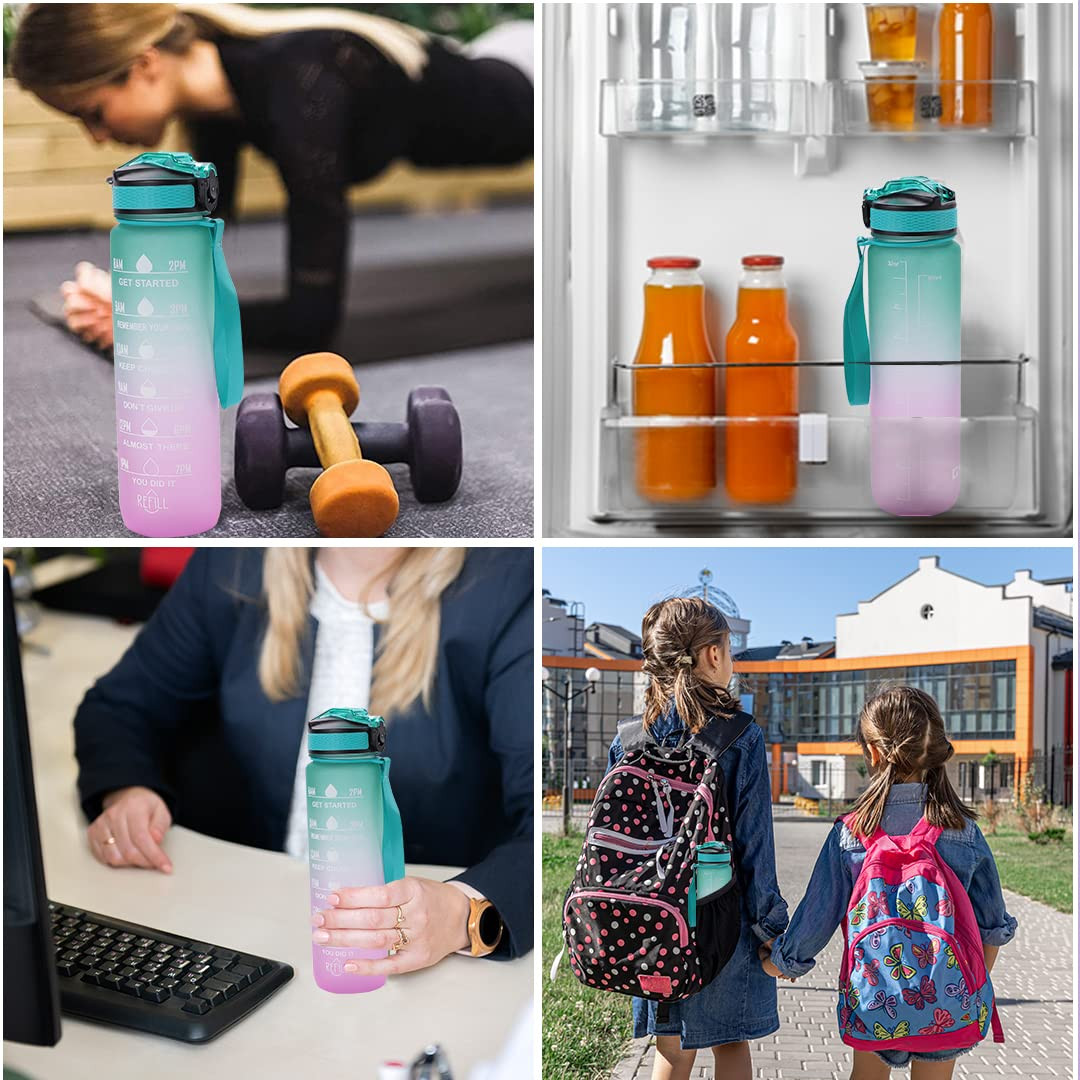 Kuber Industries Motivational Water Bottle with Time Marker | Sipper Water Bottle for Kids & Adults with Straw | For Gym, Home, Office & School | Green Purple -1 L