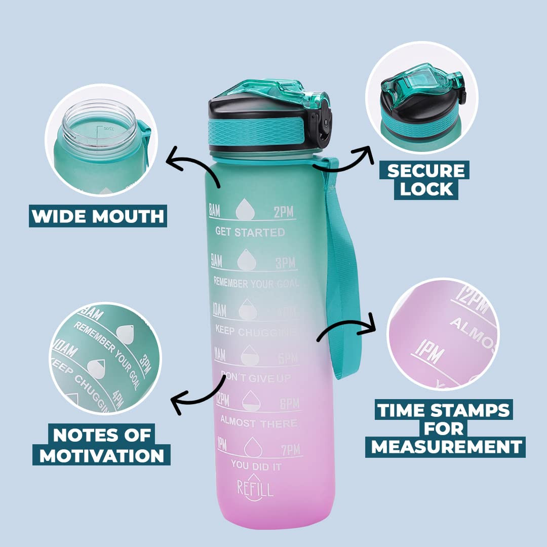 Kuber Industries Motivational Water Bottle with Time Marker | Sipper Water Bottle for Kids & Adults with Straw | For Gym, Home, Office & School | Green Purple -1 L