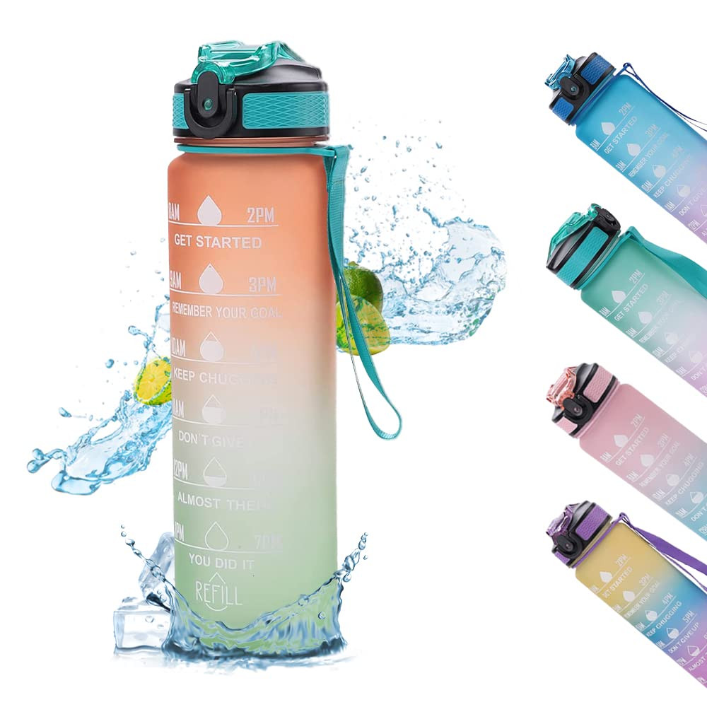 Kuber Industries Motivational Water Bottle with Time Marker | Sipper Water Bottle for Kids & Adults with Straw | For Gym, Home, Office & School | Orange Green -1 L