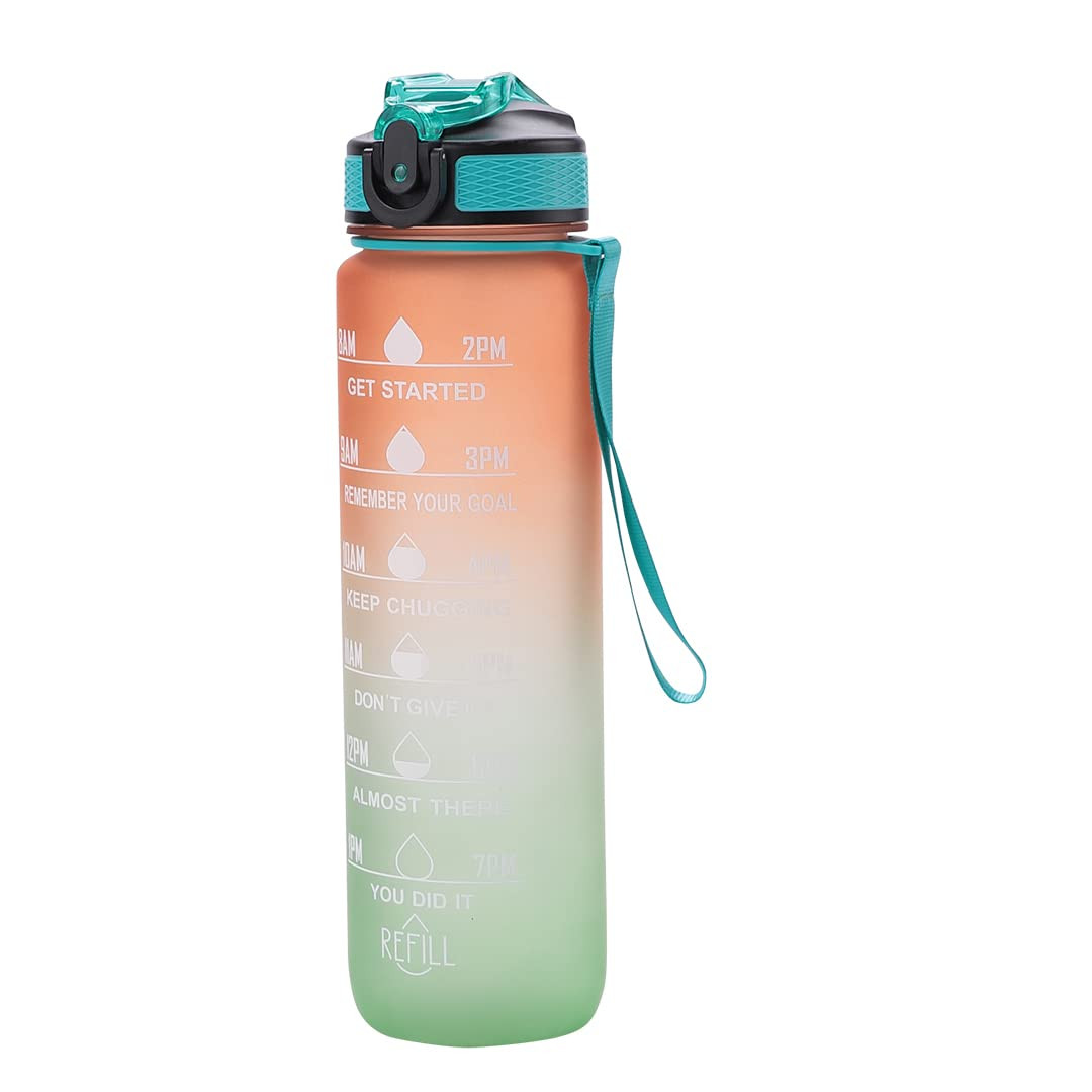 Kuber Industries Motivational Water Bottle with Time Marker | Sipper Water Bottle for Kids & Adults with Straw | For Gym, Home, Office & School | Orange Green -1 L