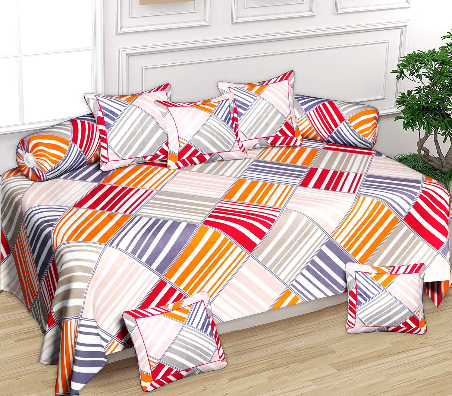 Kuber Industries Multi Check Printed  Designer 8 Pieces Cotton Diwan Set (Merganta & Grey)-44KM0171
