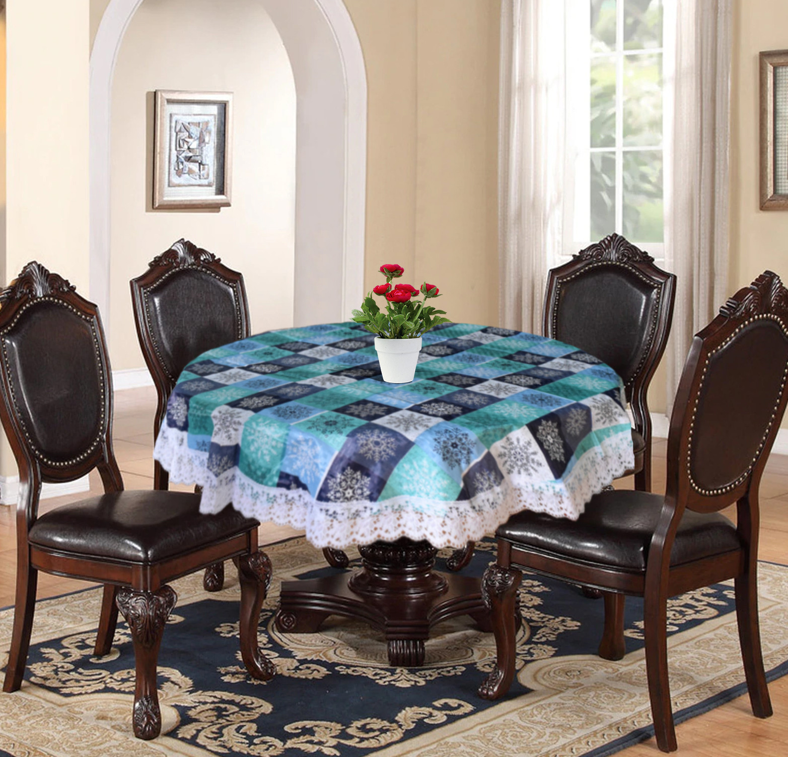 Kuber Industries Multi Check Printed PVC 4 Seater Round Shape Table Cover, Protector With White Lace Border, 60